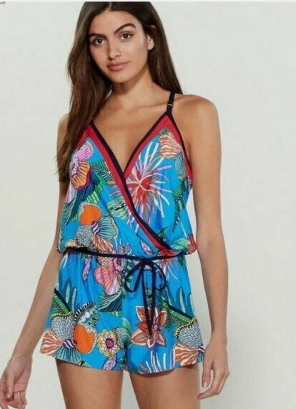 Trina Turk Tahiti Tropical Pacific Blue Surplice Swimsuit Cover Up Short Romper